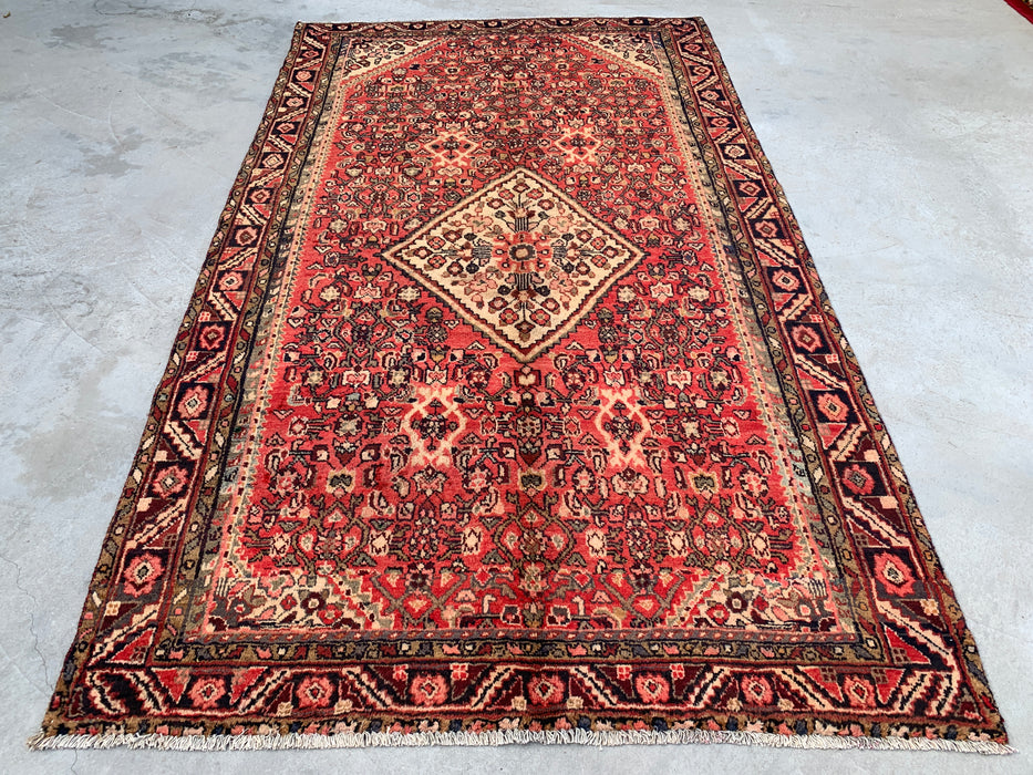 8'9" x 5'1" Hand-Knotted Persian Wool Rug – Red, Ivory & Navy Geometric Medallion Design – KBHM-807