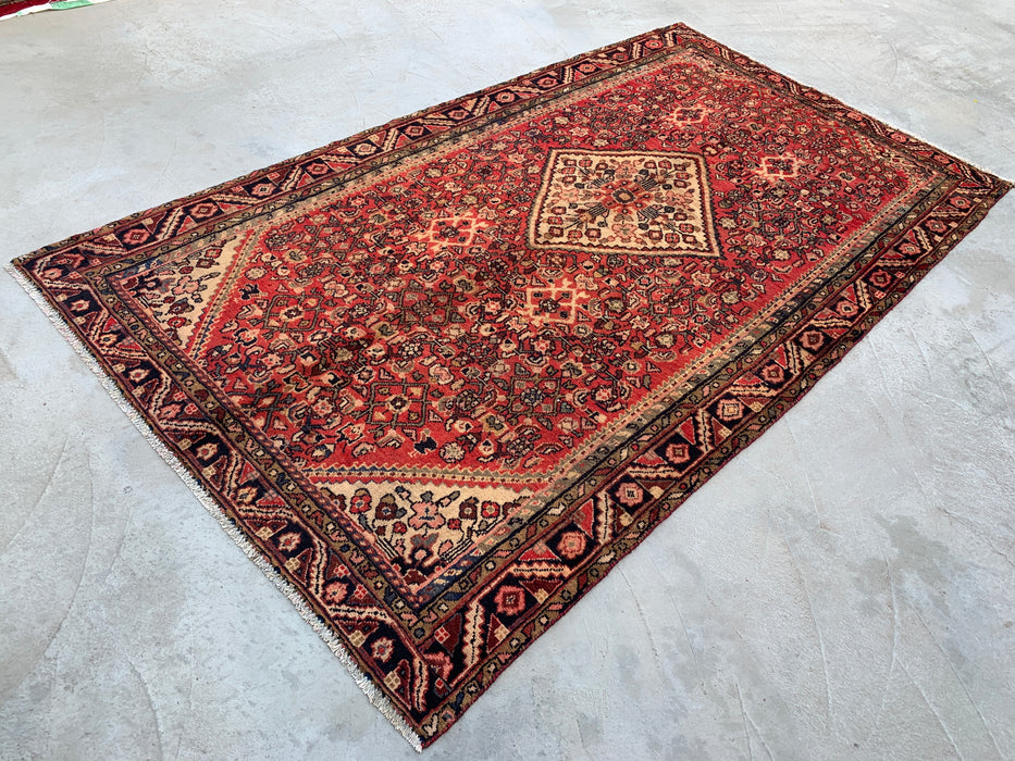8'9" x 5'1" Hand-Knotted Persian Wool Rug – Red, Ivory & Navy Geometric Medallion Design – KBHM-807