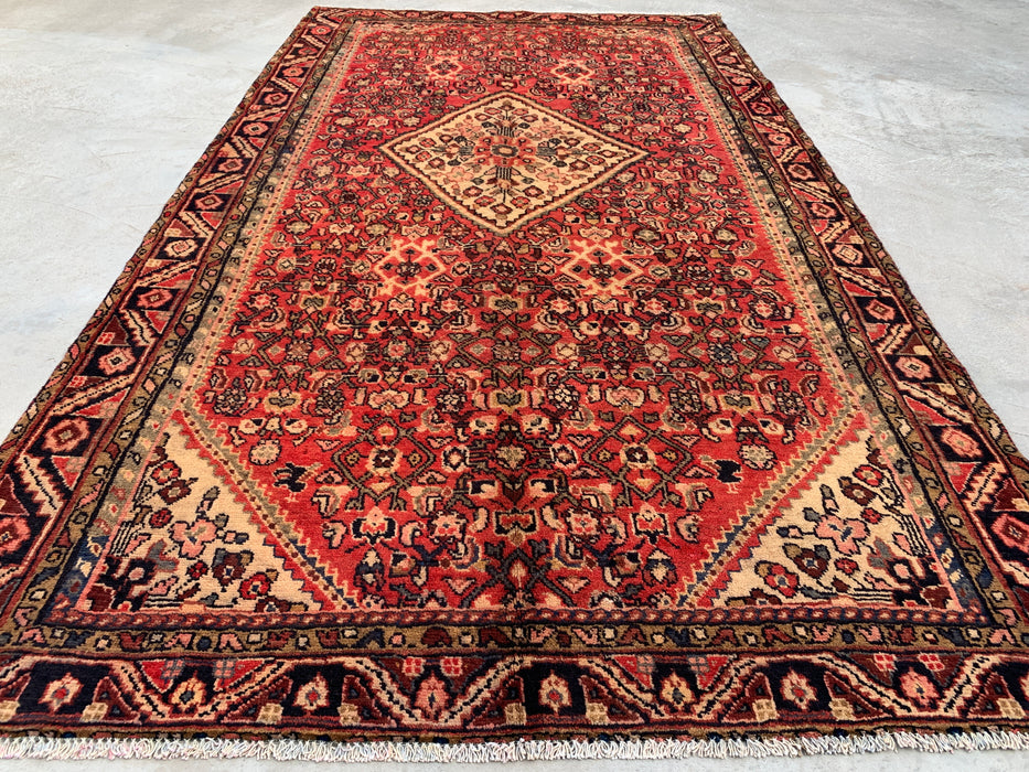 8'9" x 5'1" Hand-Knotted Persian Wool Rug – Red, Ivory & Navy Geometric Medallion Design – KBHM-807