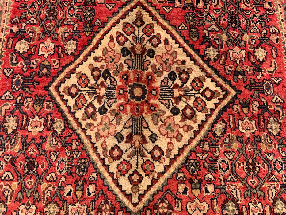 8'9" x 5'1" Hand-Knotted Persian Wool Rug – Red, Ivory & Navy Geometric Medallion Design – KBHM-807