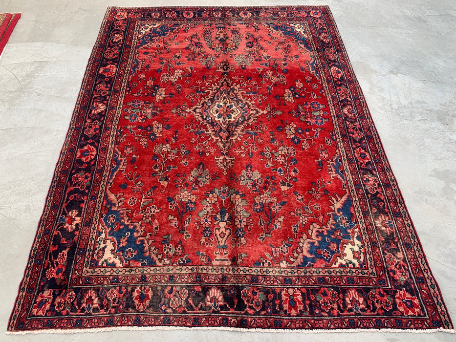 9'6" x 7'2" Hand-Knotted Persian Wool Rug – Red, Navy & Ivory Floral Medallion Design – KBHM-808