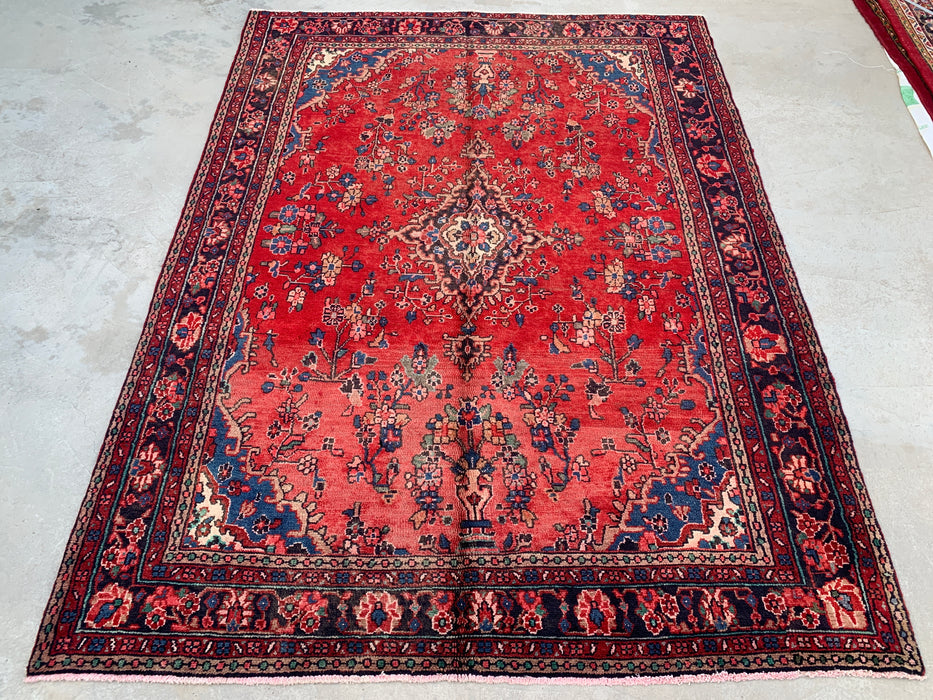 9'6" x 7'2" Hand-Knotted Persian Wool Rug – Red, Navy & Ivory Floral Medallion Design – KBHM-808