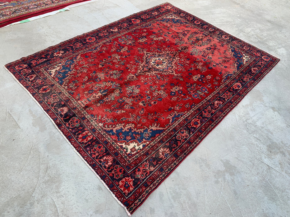 9'6" x 7'2" Hand-Knotted Persian Wool Rug – Red, Navy & Ivory Floral Medallion Design – KBHM-808