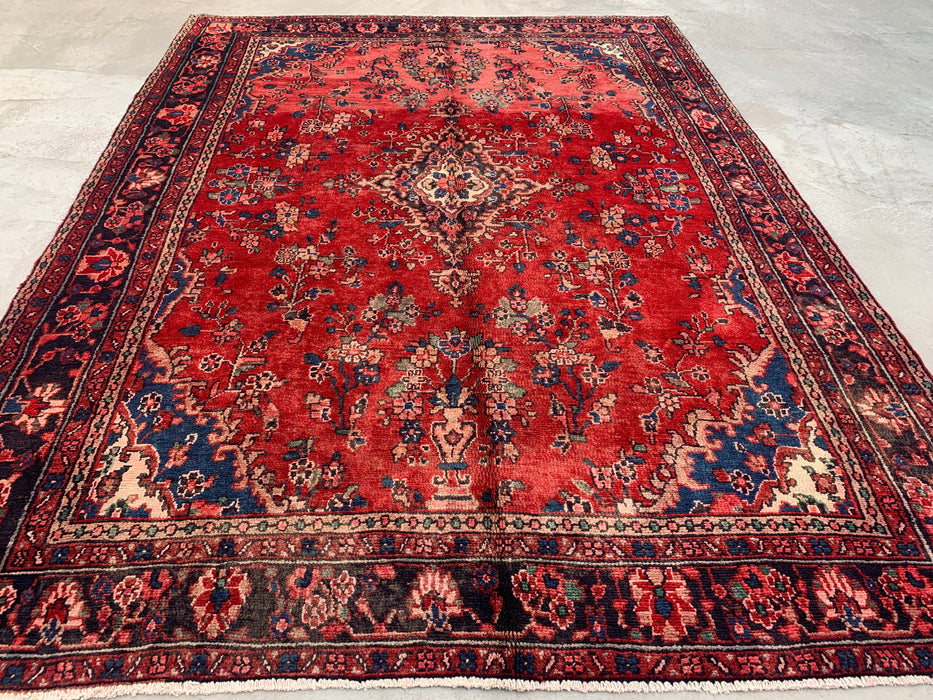 9'6" x 7'2" Hand-Knotted Persian Wool Rug – Red, Navy & Ivory Floral Medallion Design – KBHM-808