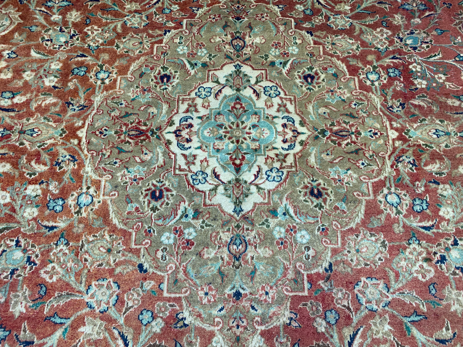 10’0” × 12’6” Hand-Knotted Persian Wool Rug – Terracotta Red with Sage & Ivory Accents
