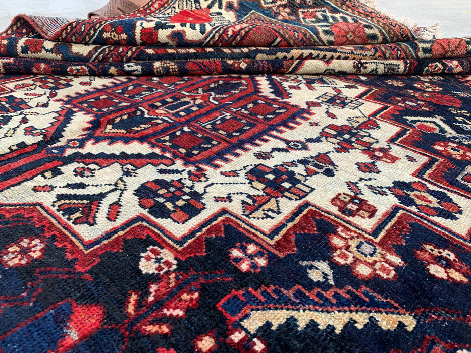 Handmade Persian Wool Area Rug 7x10 - Navy, Ivory & Red Tribal Medallion Persian Style Rug - Exact Size 9'6" x 6'3" - KBHM-809