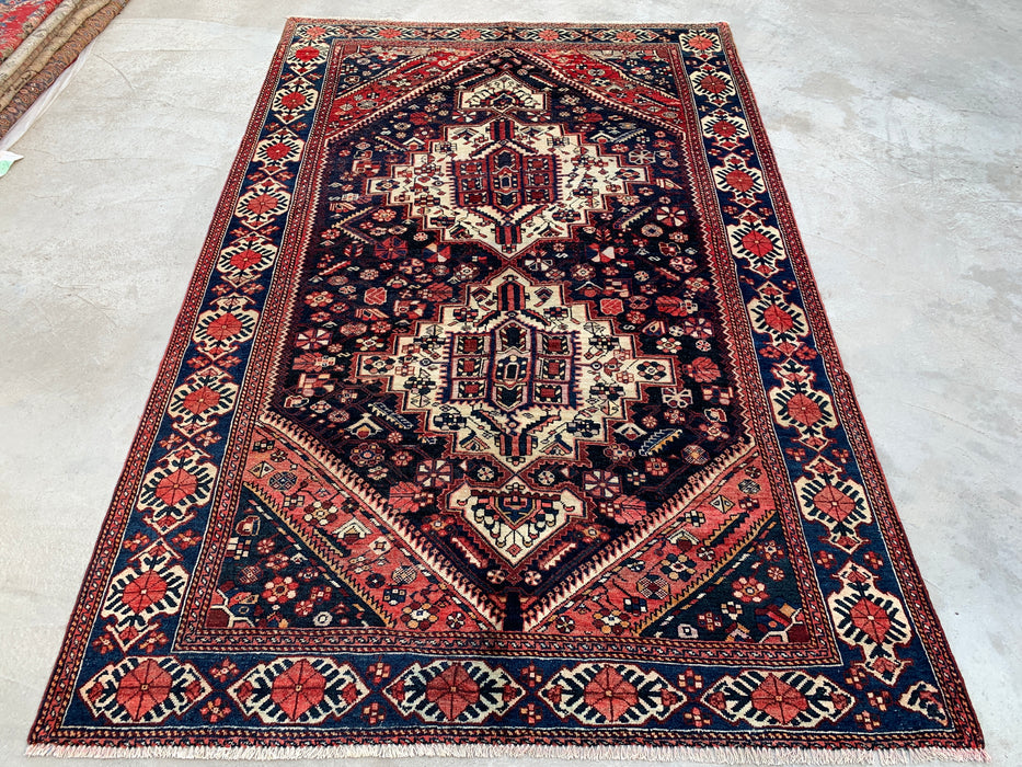 Handmade Persian Wool Area Rug 7x10 - Navy, Ivory & Red Tribal Medallion Persian Style Rug - Exact Size 9'6" x 6'3" - KBHM-809