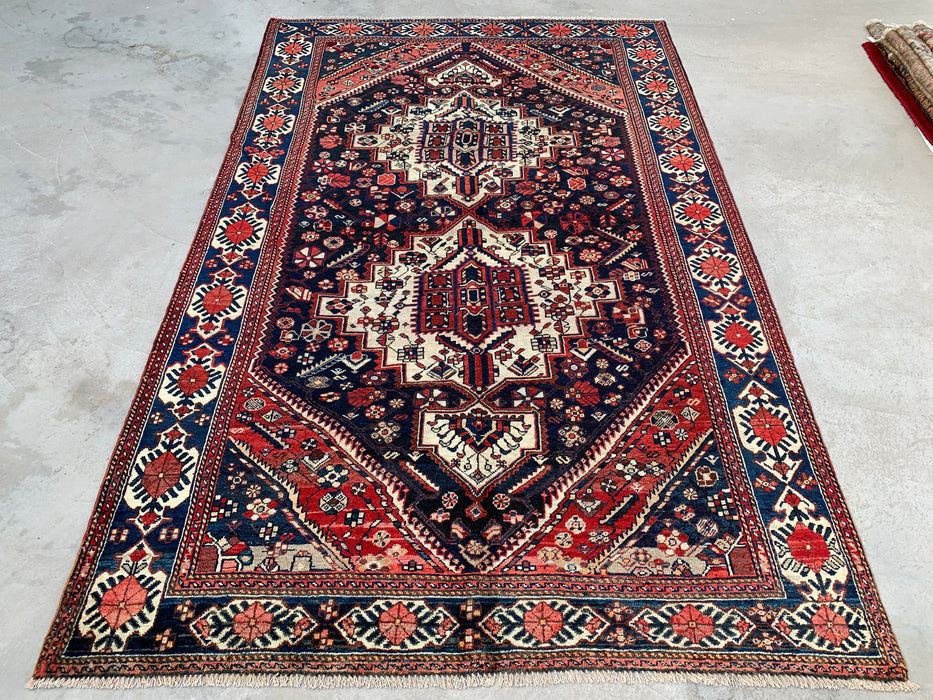 Handmade Persian Wool Area Rug 7x10 - Navy, Ivory & Red Tribal Medallion Persian Style Rug - Exact Size 9'6" x 6'3" - KBHM-809
