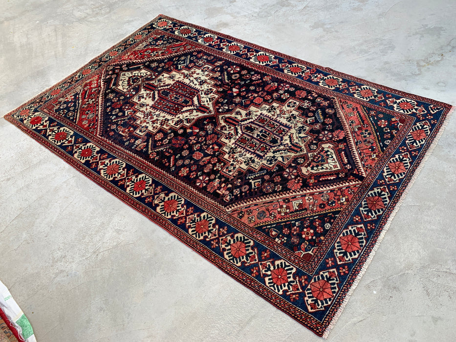 Handmade Persian Wool Area Rug 7x10 - Navy, Ivory & Red Tribal Medallion Persian Style Rug - Exact Size 9'6" x 6'3" - KBHM-809
