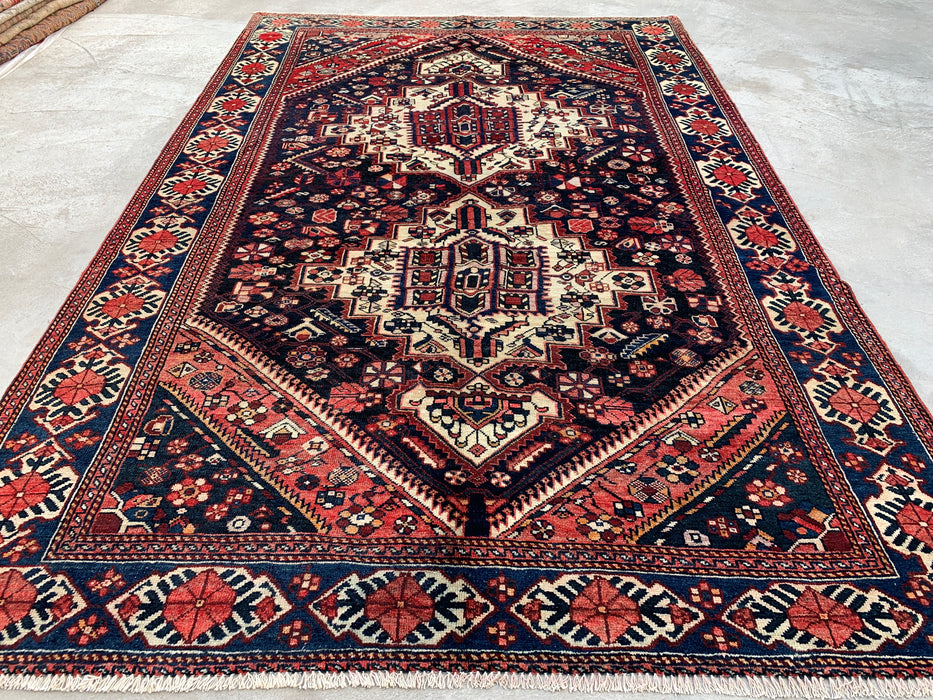 Handmade Persian Wool Area Rug 7x10 - Navy, Ivory & Red Tribal Medallion Persian Style Rug - Exact Size 9'6" x 6'3" - KBHM-809