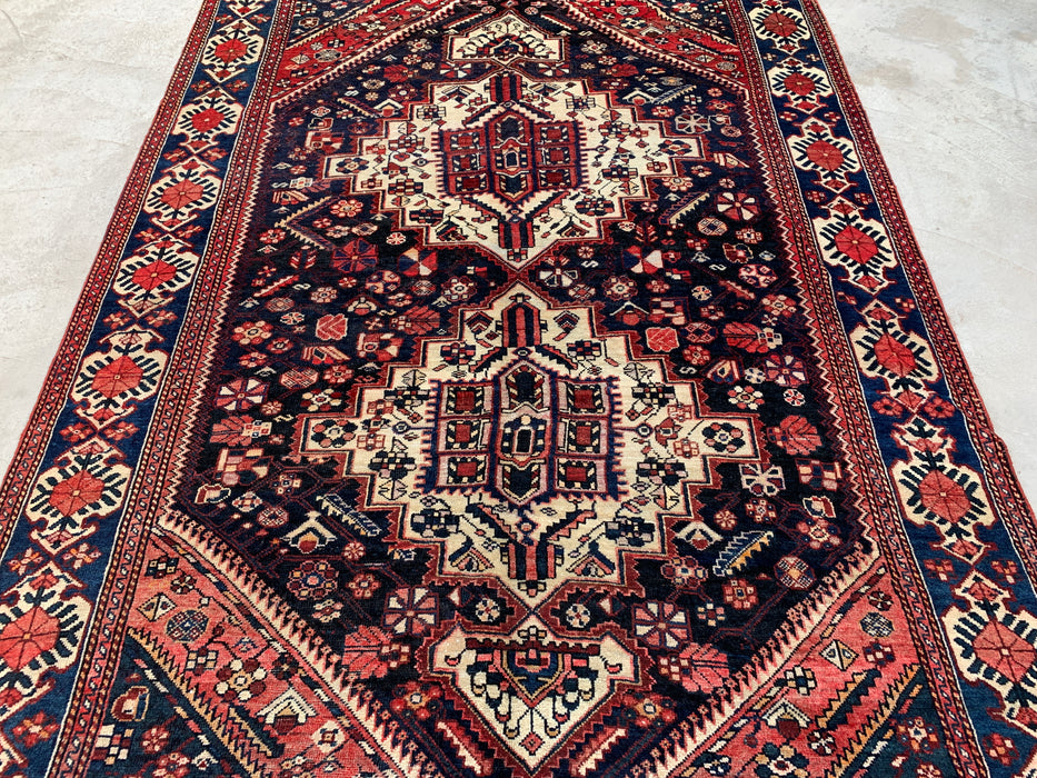 Handmade Persian Wool Area Rug 7x10 - Navy, Ivory & Red Tribal Medallion Persian Style Rug - Exact Size 9'6" x 6'3" - KBHM-809