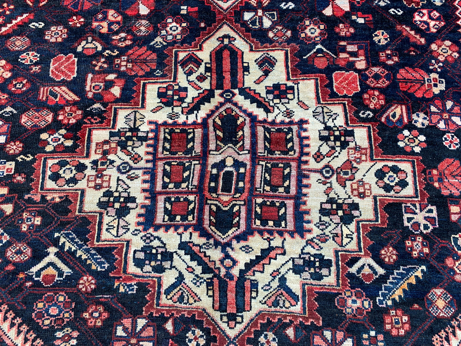 Handmade Persian Wool Area Rug 7x10 - Navy, Ivory & Red Tribal Medallion Persian Style Rug - Exact Size 9'6" x 6'3" - KBHM-809