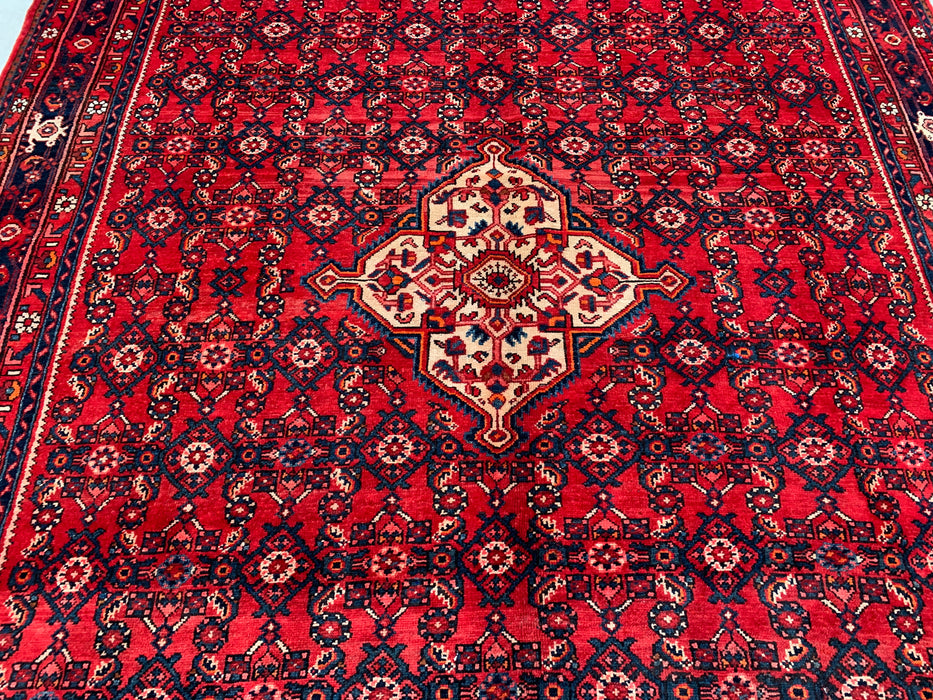 10'10" x 7'8" Hand-Knotted Persian Wool Rug – Red, Ivory & Navy Geometric Medallion Design – KBHM-810