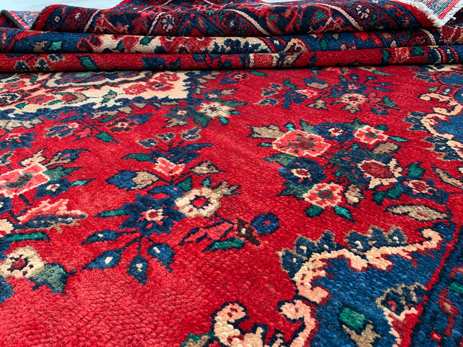 9'6" x 7'1" Hand-Knotted Persian Wool Rug – Red, Navy & Ivory Floral Medallion Design – KBHM-811