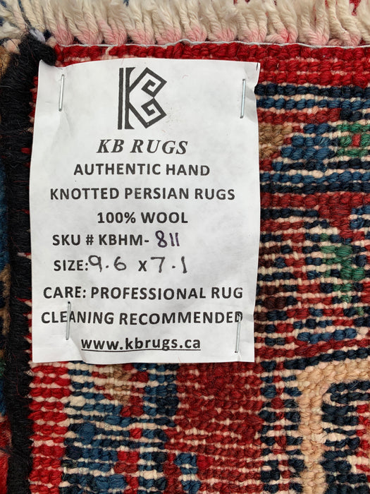 9'6" x 7'1" Hand-Knotted Persian Wool Rug – Red, Navy & Ivory Floral Medallion Design – KBHM-811