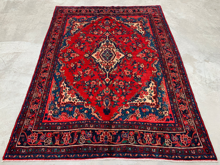 9'6" x 7'1" Hand-Knotted Persian Wool Rug – Red, Navy & Ivory Floral Medallion Design – KBHM-811