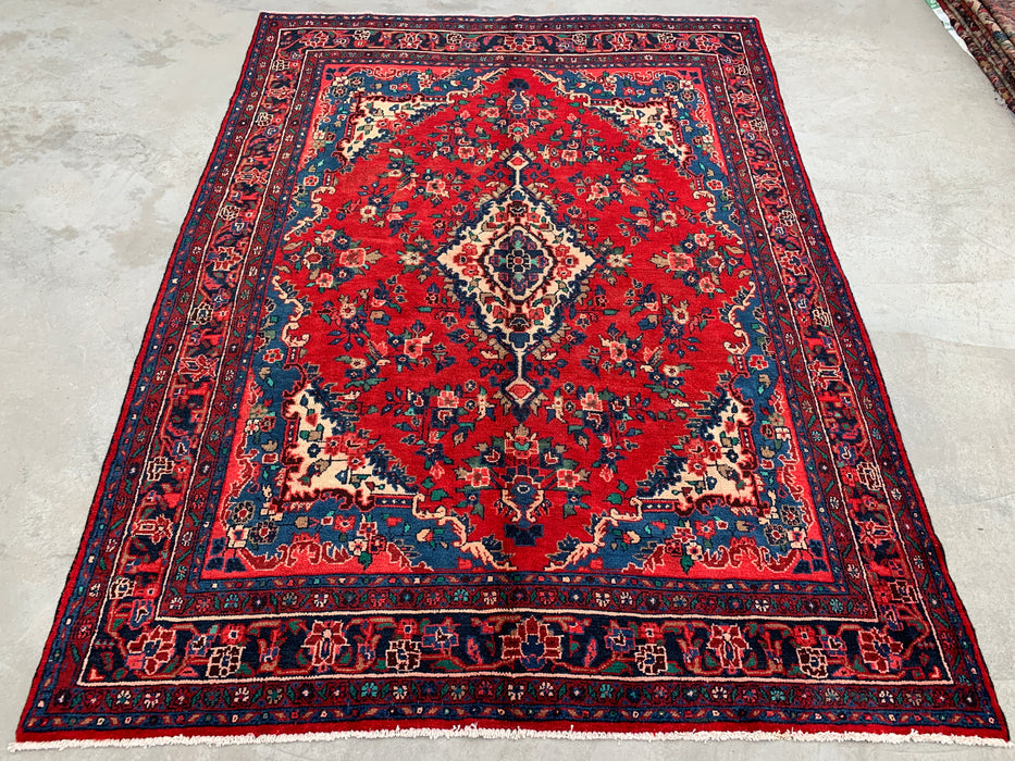 9'6" x 7'1" Hand-Knotted Persian Wool Rug – Red, Navy & Ivory Floral Medallion Design – KBHM-811