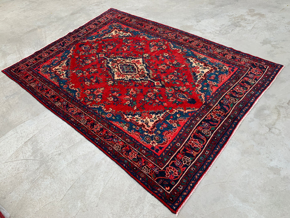 9'6" x 7'1" Hand-Knotted Persian Wool Rug – Red, Navy & Ivory Floral Medallion Design – KBHM-811