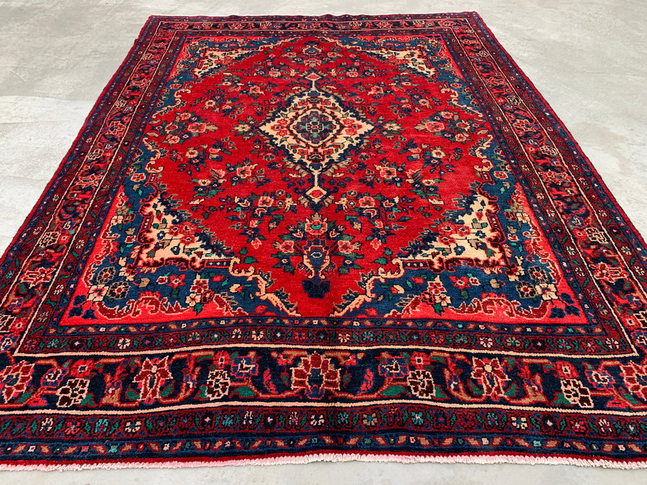 9'6" x 7'1" Hand-Knotted Persian Wool Rug – Red, Navy & Ivory Floral Medallion Design – KBHM-811