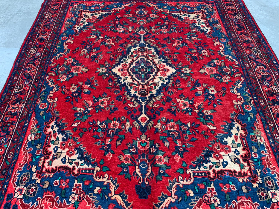9'6" x 7'1" Hand-Knotted Persian Wool Rug – Red, Navy & Ivory Floral Medallion Design – KBHM-811
