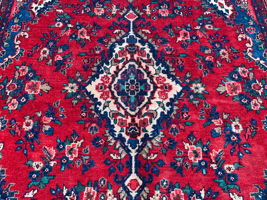 9'6" x 7'1" Hand-Knotted Persian Wool Rug – Red, Navy & Ivory Floral Medallion Design – KBHM-811