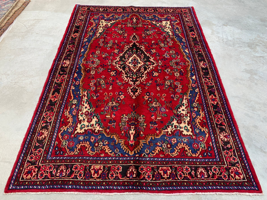 Handmade Persian Wool Area Rug 7x10 - Red, Blue & Ivory Floral Medallion Persian Style Rug - Exact Size 9'10" x 6'8" - KBHM-812
