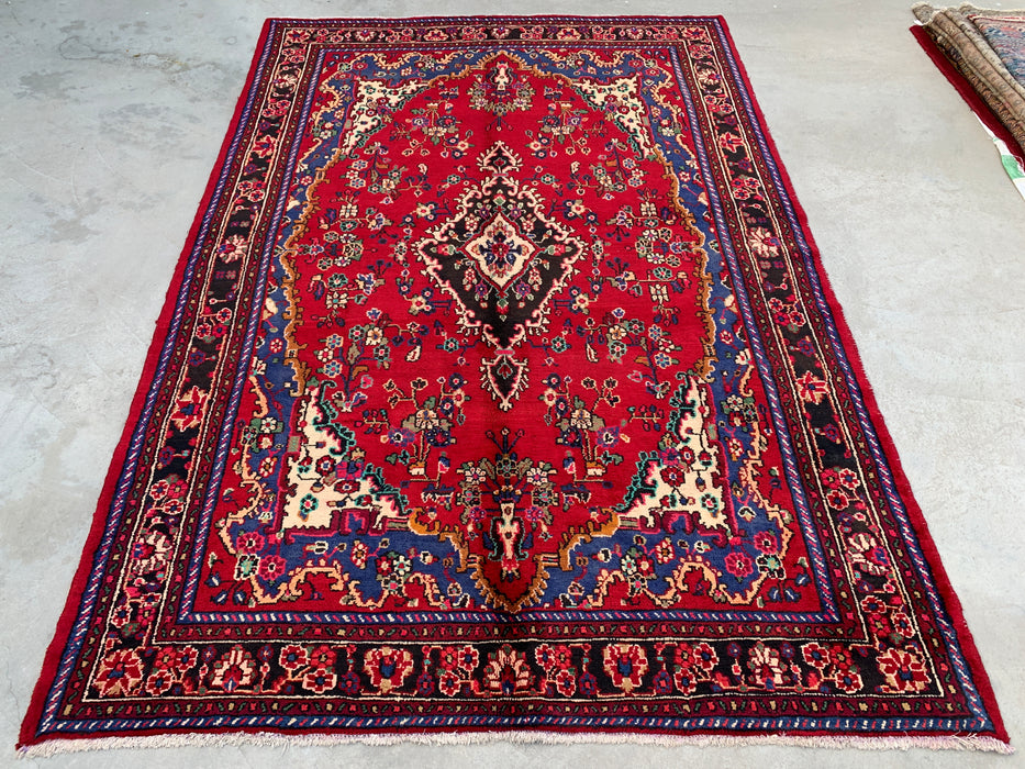 Handmade Persian Wool Area Rug 7x10 - Red, Blue & Ivory Floral Medallion Persian Style Rug - Exact Size 9'10" x 6'8" - KBHM-812