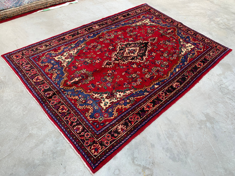 Handmade Persian Wool Area Rug 7x10 - Red, Blue & Ivory Floral Medallion Persian Style Rug - Exact Size 9'10" x 6'8" - KBHM-812