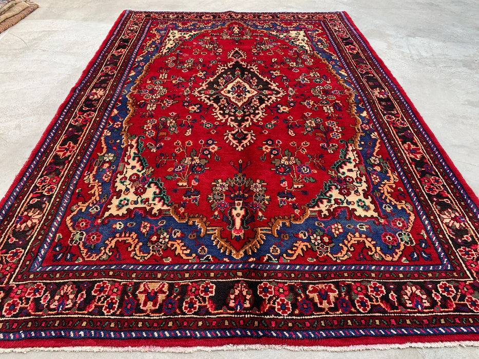 Handmade Persian Wool Area Rug 7x10 - Red, Blue & Ivory Floral Medallion Persian Style Rug - Exact Size 9'10" x 6'8" - KBHM-812