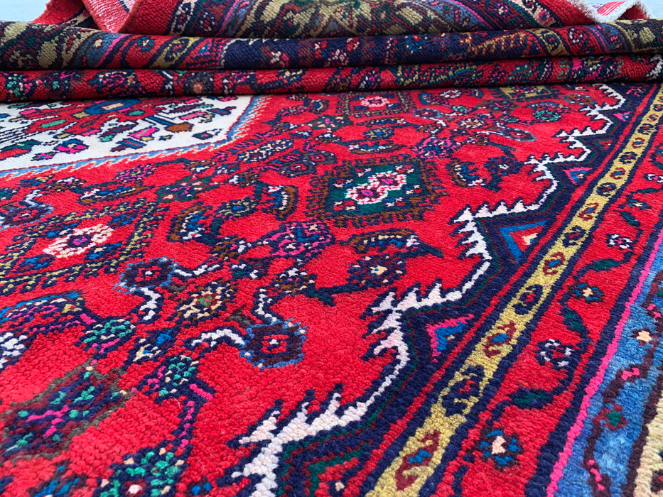 10'6" x 7'2" Hand-Knotted Persian Wool Rug – Red, Ivory & Navy Tribal Medallion Design – KBHM-813