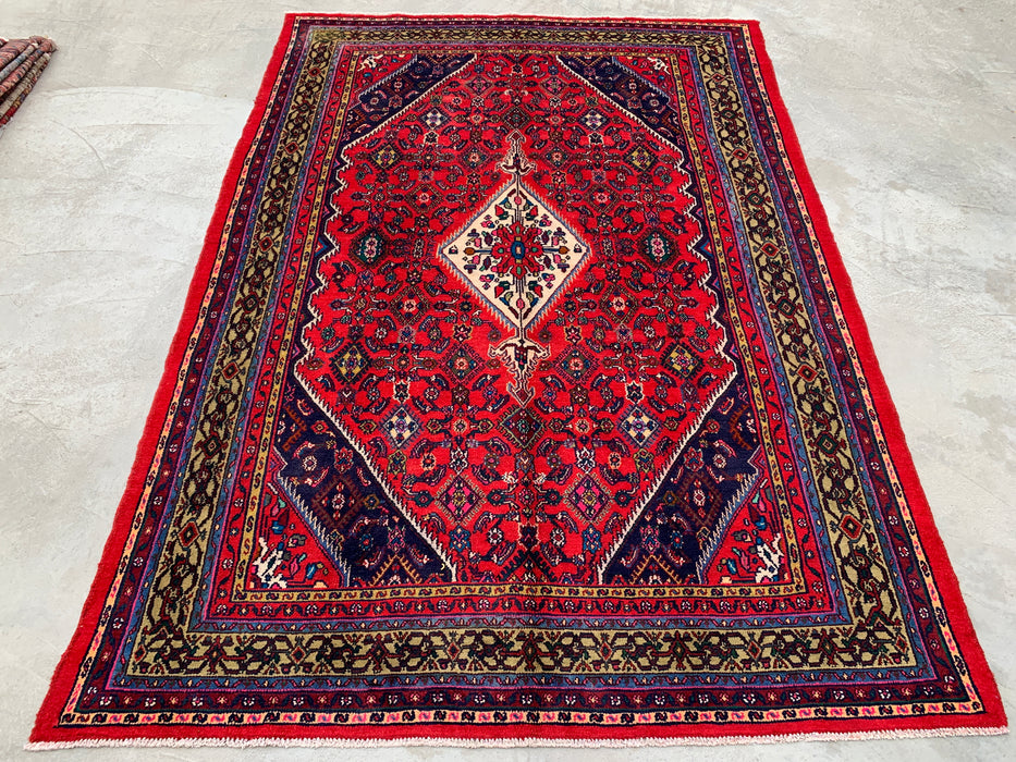 10'6" x 7'2" Hand-Knotted Persian Wool Rug – Red, Ivory & Navy Tribal Medallion Design – KBHM-813