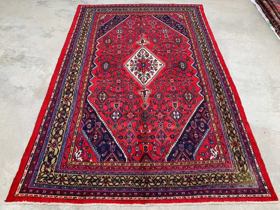10'6" x 7'2" Hand-Knotted Persian Wool Rug – Red, Ivory & Navy Tribal Medallion Design – KBHM-813