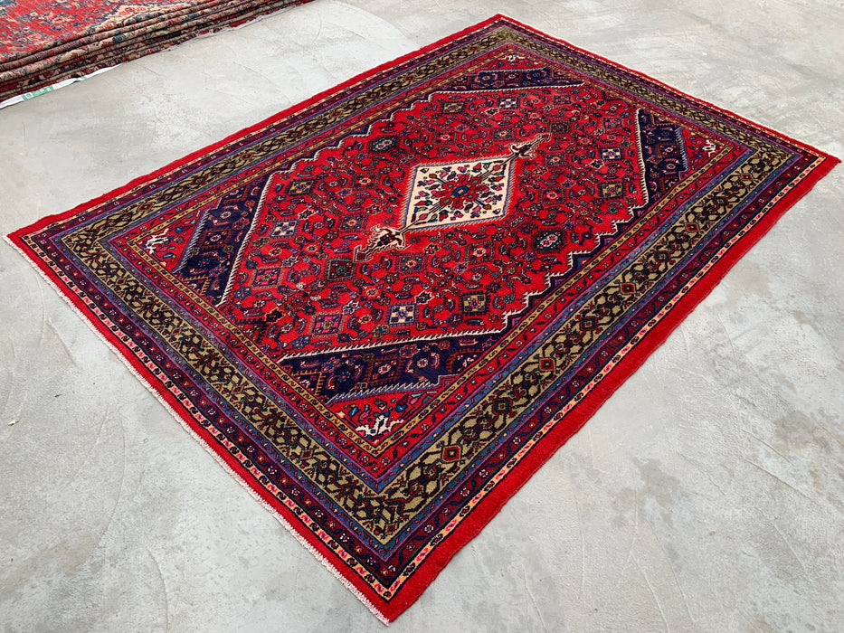 10'6" x 7'2" Hand-Knotted Persian Wool Rug – Red, Ivory & Navy Tribal Medallion Design – KBHM-813