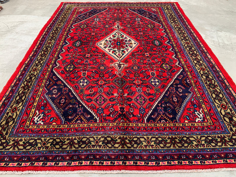 10'6" x 7'2" Hand-Knotted Persian Wool Rug – Red, Ivory & Navy Tribal Medallion Design – KBHM-813