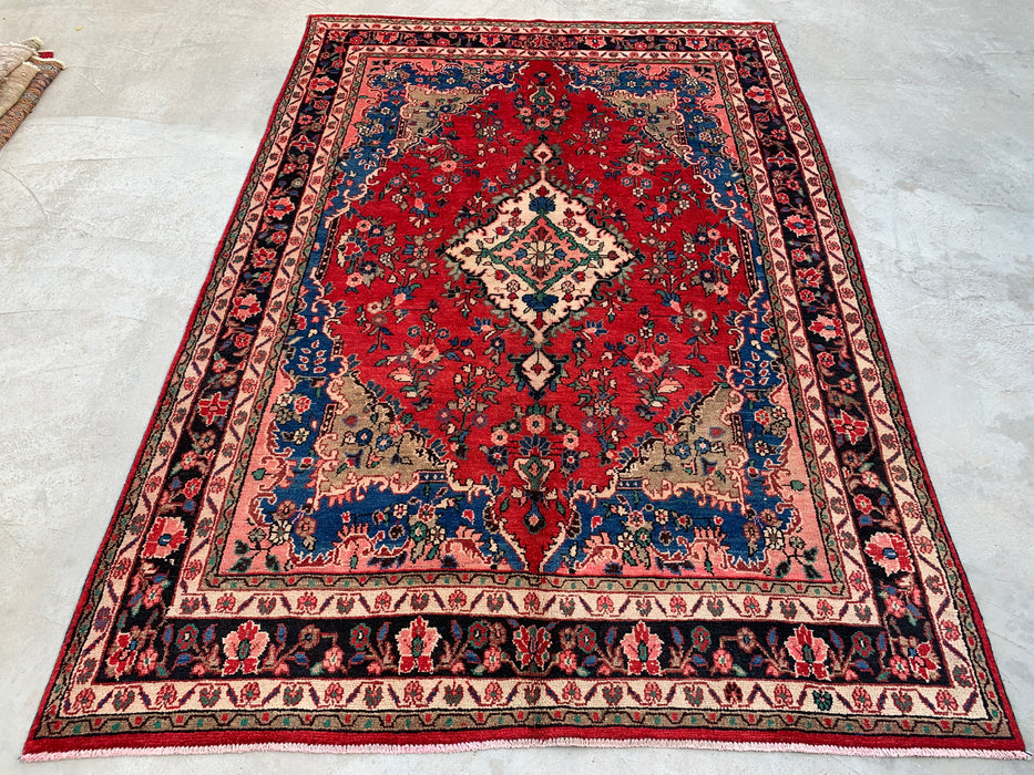Handmade Persian Wool Area Rug 7x10 - Red, Blue & Ivory Floral Medallion Persian Style Rug - Exact Size 9'8" x 6'10" - KBHM-814