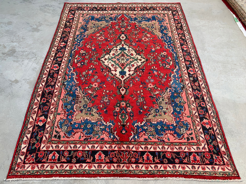 Handmade Persian Wool Area Rug 7x10 - Red, Blue & Ivory Floral Medallion Persian Style Rug - Exact Size 9'8" x 6'10" - KBHM-814
