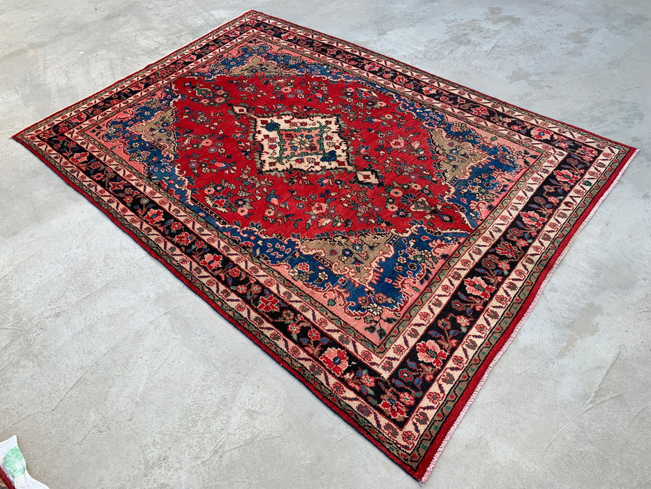 Handmade Persian Wool Area Rug 7x10 - Red, Blue & Ivory Floral Medallion Persian Style Rug - Exact Size 9'8" x 6'10" - KBHM-814
