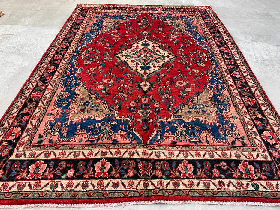 Handmade Persian Wool Area Rug 7x10 - Red, Blue & Ivory Floral Medallion Persian Style Rug - Exact Size 9'8" x 6'10" - KBHM-814