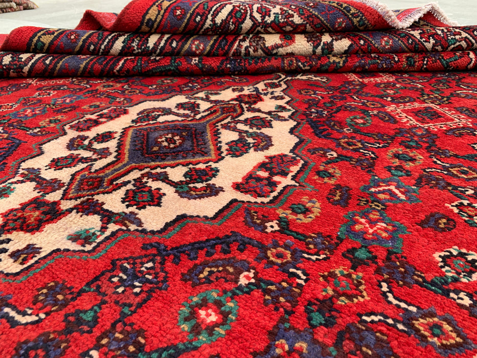 Handmade Persian Wool Area Rug 7x10 - Red, Ivory & Navy Tribal Medallion Persian Style Rug - Exact Size 9'10" x 6'11" - KBHM-817