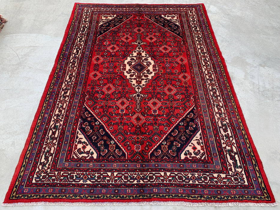 Handmade Persian Wool Area Rug 7x10 - Red, Ivory & Navy Tribal Medallion Persian Style Rug - Exact Size 9'10" x 6'11" - KBHM-817