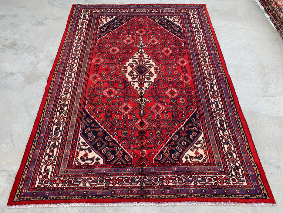 Handmade Persian Wool Area Rug 7x10 - Red, Ivory & Navy Tribal Medallion Persian Style Rug - Exact Size 9'10" x 6'11" - KBHM-817