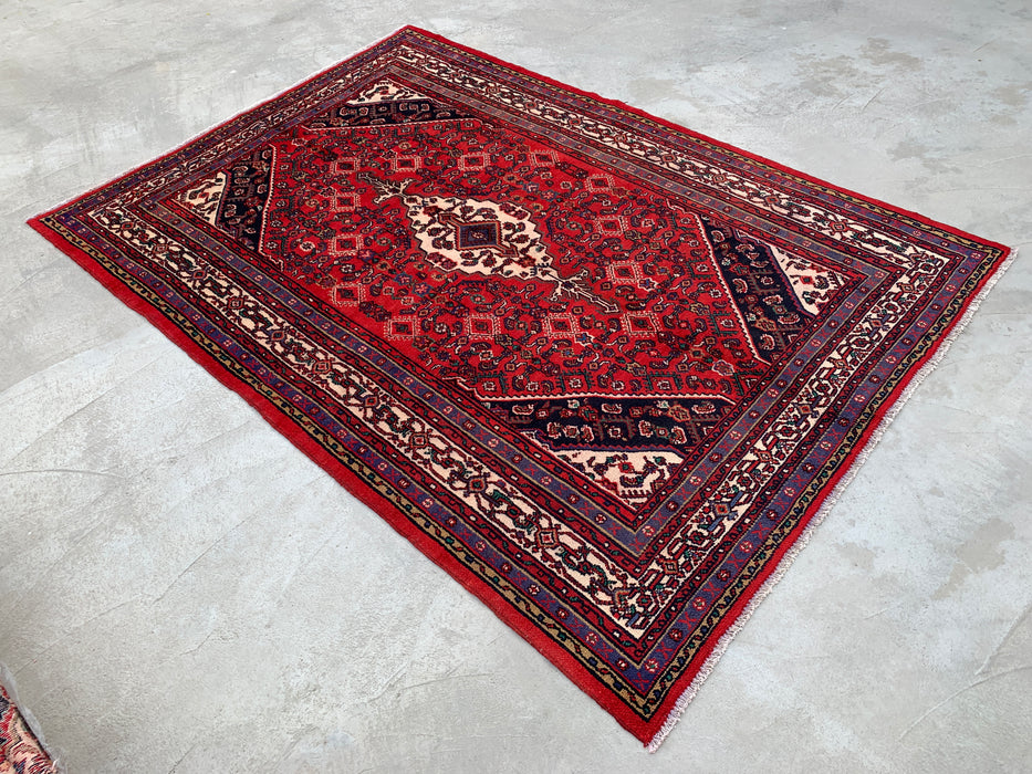 Handmade Persian Wool Area Rug 7x10 - Red, Ivory & Navy Tribal Medallion Persian Style Rug - Exact Size 9'10" x 6'11" - KBHM-817