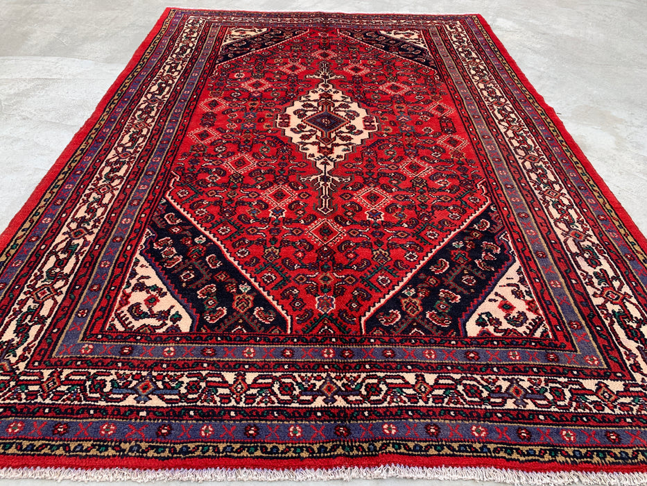 Handmade Persian Wool Area Rug 7x10 - Red, Ivory & Navy Tribal Medallion Persian Style Rug - Exact Size 9'10" x 6'11" - KBHM-817
