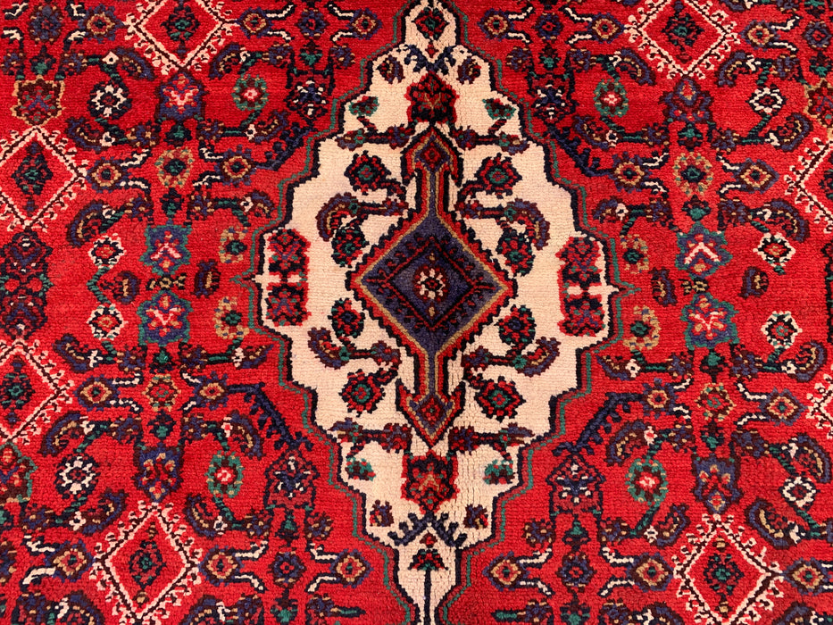 Handmade Persian Wool Area Rug 7x10 - Red, Ivory & Navy Tribal Medallion Persian Style Rug - Exact Size 9'10" x 6'11" - KBHM-817