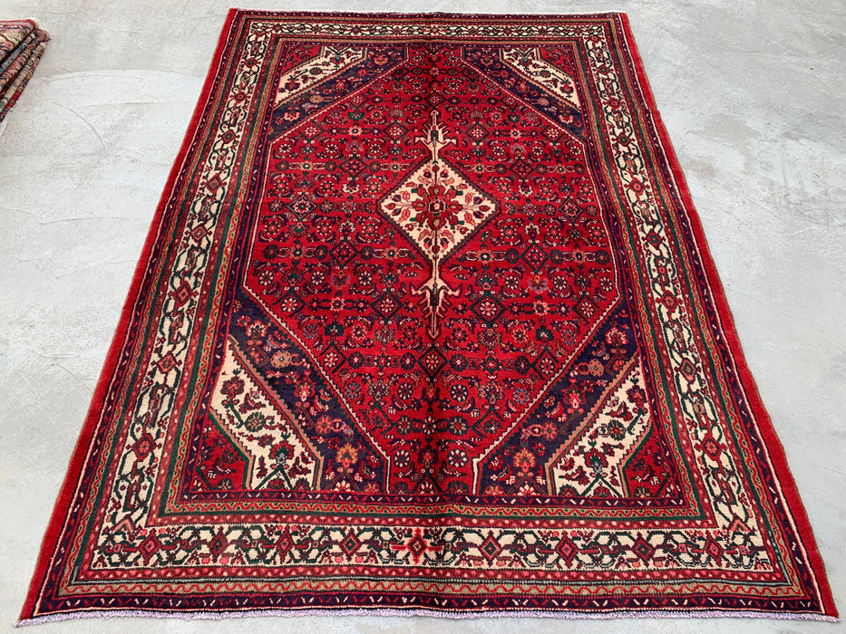 Handmade Persian Wool Area Rug 7x10 - Red, Ivory & Navy Tribal Medallion Persian Style Rug - Exact Size 9'8" x 6'10" - KBHM-818