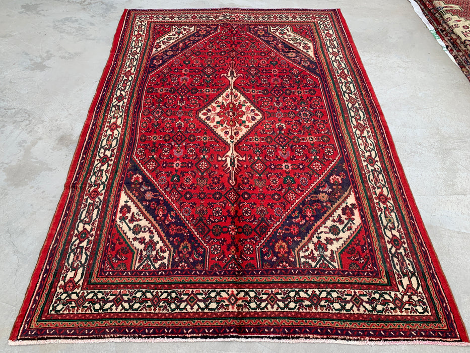 Handmade Persian Wool Area Rug 7x10 - Red, Ivory & Navy Tribal Medallion Persian Style Rug - Exact Size 9'8" x 6'10" - KBHM-818