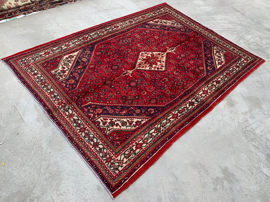 Handmade Persian Wool Area Rug 7x10 - Red, Ivory & Navy Tribal Medallion Persian Style Rug - Exact Size 9'8" x 6'10" - KBHM-818