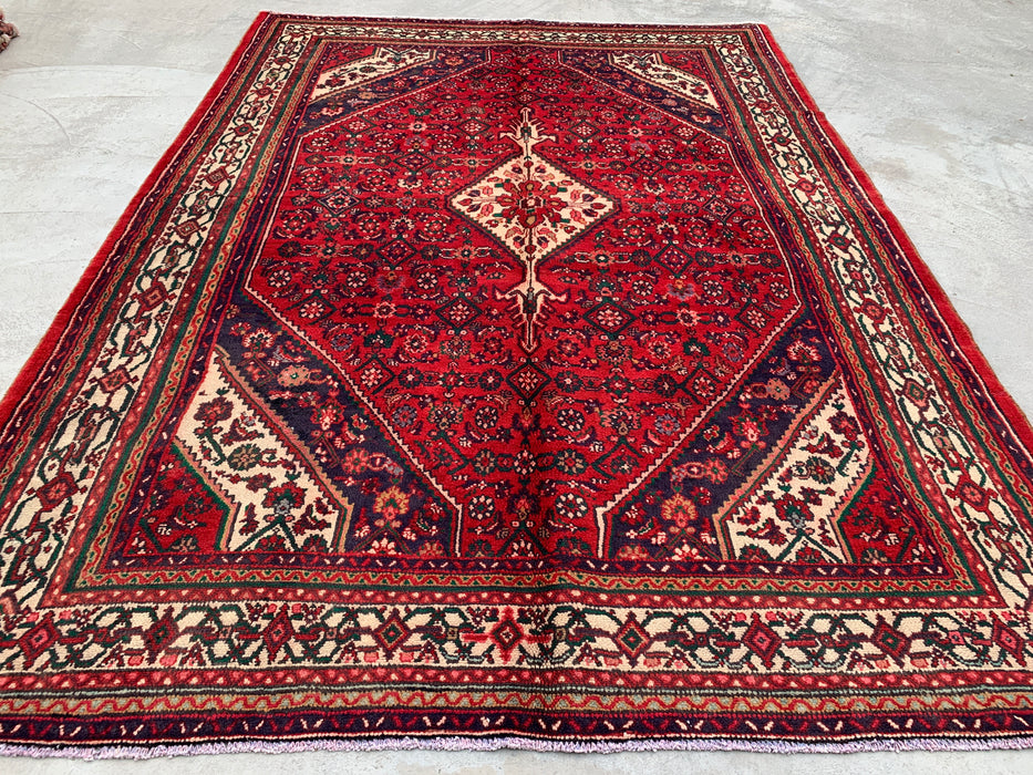 Handmade Persian Wool Area Rug 7x10 - Red, Ivory & Navy Tribal Medallion Persian Style Rug - Exact Size 9'8" x 6'10" - KBHM-818