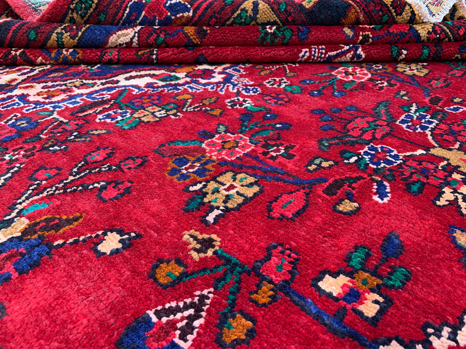 9'8" x 7'2" Hand-Knotted Persian Wool Rug – Red, Blue & Ivory Floral Medallion Design – KBHM-819