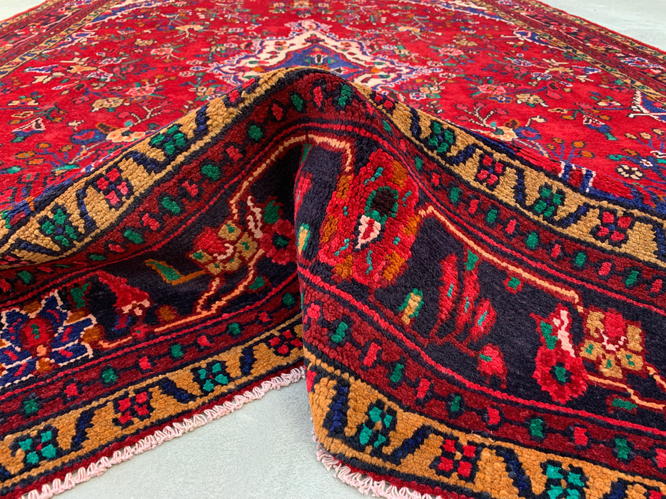 9'8" x 7'2" Hand-Knotted Persian Wool Rug – Red, Blue & Ivory Floral Medallion Design – KBHM-819